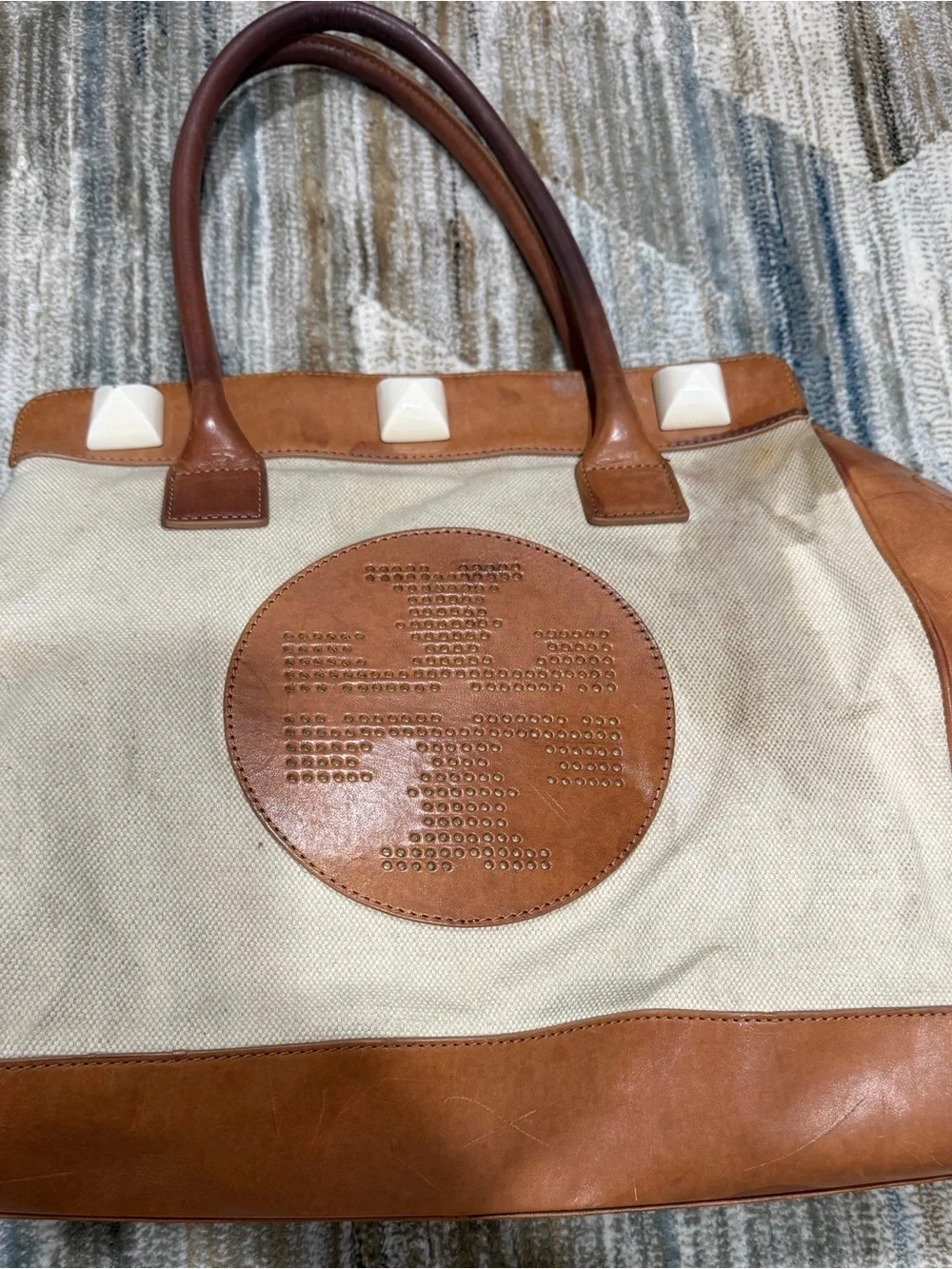 Tory Burch Cream Canvas and Tan Leather Tote